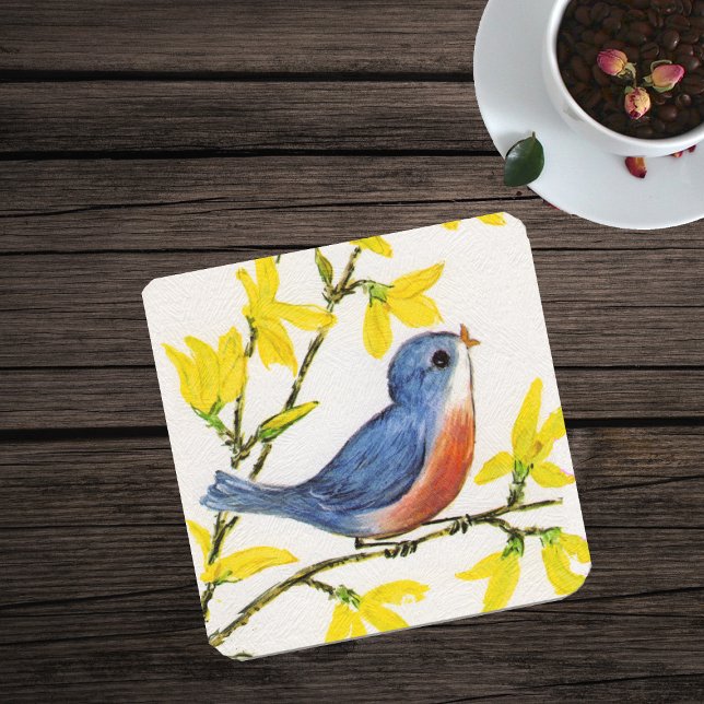 Porta-copo Filiação de Árvore de Pássaro Azul Cantando em Bon (Little blue and red bird on branch yellow flowers on white textured look paper drink coaster.)