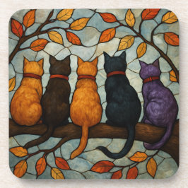 Porta-copo Five Cats on a Tree Branch Stained Glass Style