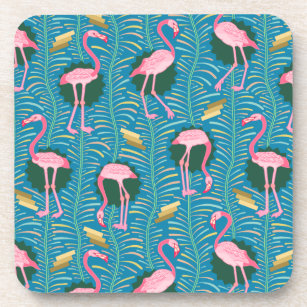 Porta-copo Flamingo Birds 20s Deco Ferns Padrão Azul Dourado
