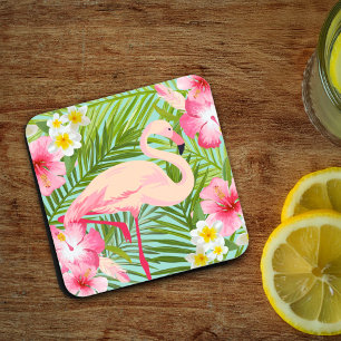 Porta-copo Flamingo Rosa Tropical Floral Folhas de Palmeira