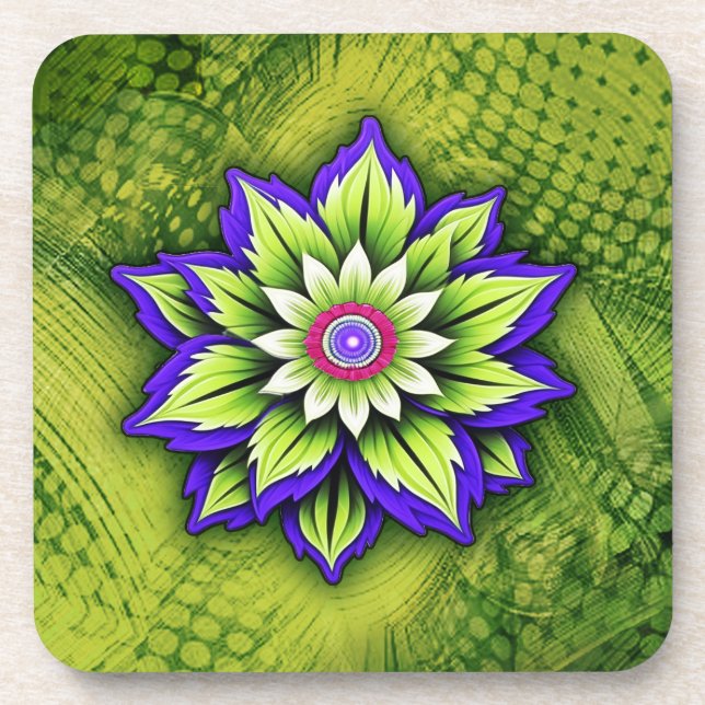 Porta-copo Flor Geométrica com Pétalas Roxas e Verdes (Frente)