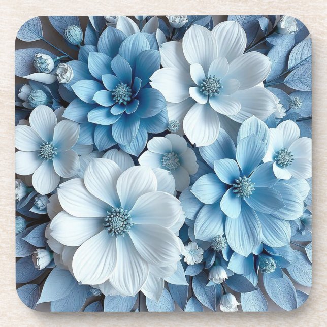 Porta-copo Flores 3D azuis e brancas (Frente)