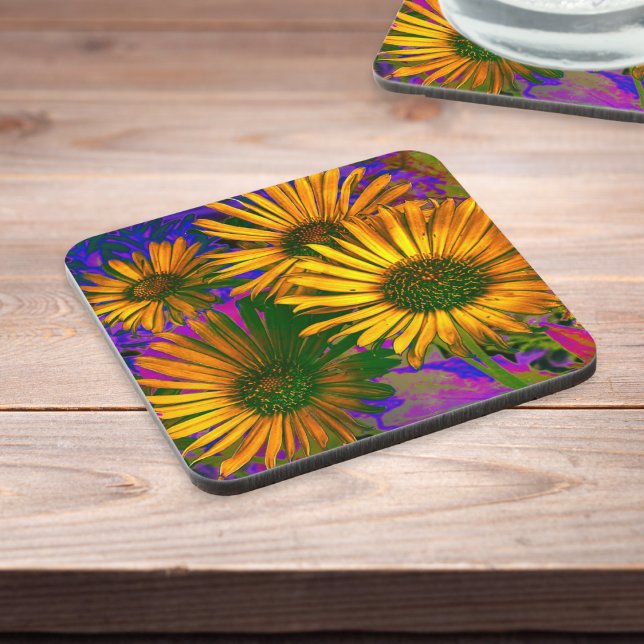Porta-copo Flores Amarelas Arte Elegante Moderna Bonito Flora (A stylish drinks mat coaster with vibrant design of yellow flowers with purple and magenta)