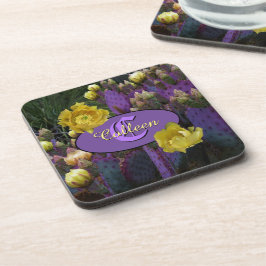 Porta-copo Flores Amarelas de Cacto Roxo Personalizadas Monog