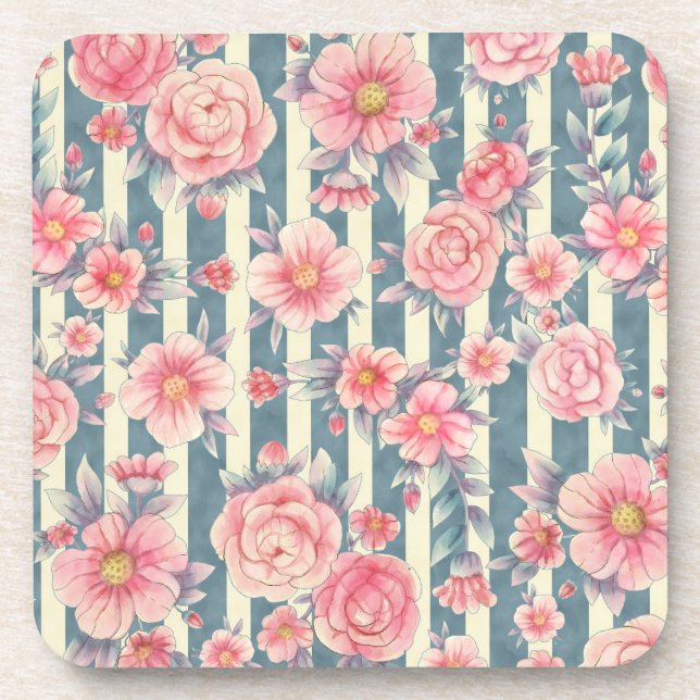 Porta-copo Flores de Aquarela Rosa em Stripes (Frente)