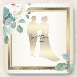 Porta-copo Flores de Folhas Verdes Quadro Dourado Casamento F