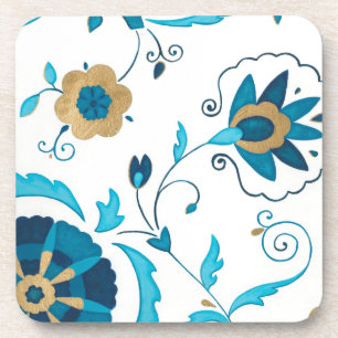 Porta-copo Flores de Indigo Douradas com Fundo Branco