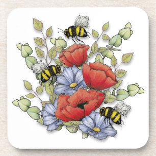 Porta-copo Flores de Papoula e Desenho Digital de Abelhas, Bo