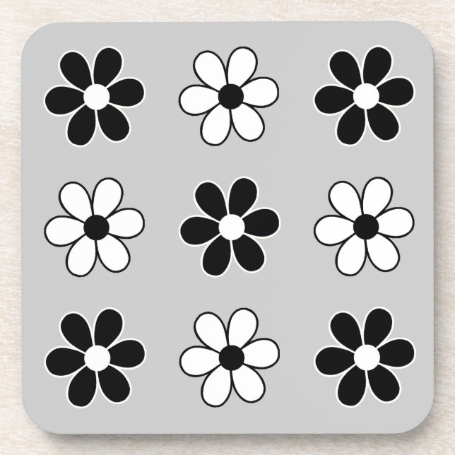 Porta-copo Flores modernas em preto e branco sobre cinza prat (Frente)