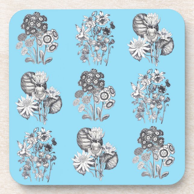 Porta-copo Flores monocromáticas em fundo azul-bebê (Frente)