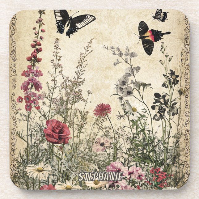 Porta-copo Flores, Pássaros e Borboletas em Papel Vencido (2) (Frente)