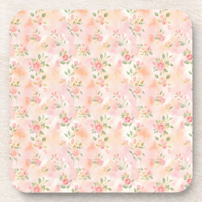 Porta-copo Flores Pequenas de Rosa e Pêssego em Aquarela Abst (Frente)