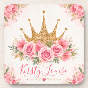Porta-copo Flores Rosa em Aquarela e Tiara Dourada