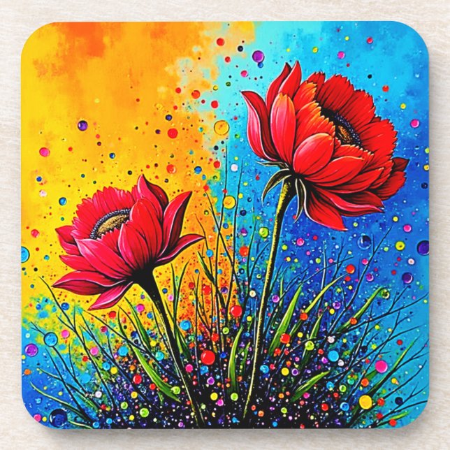 Porta-copo Flores Vermelhas Vibrantes Impressão Pop Art (Frente)