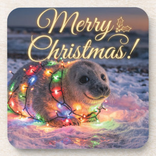 Porta-copo Foca Bebê Fofa Envolta em Luzes de Natal 