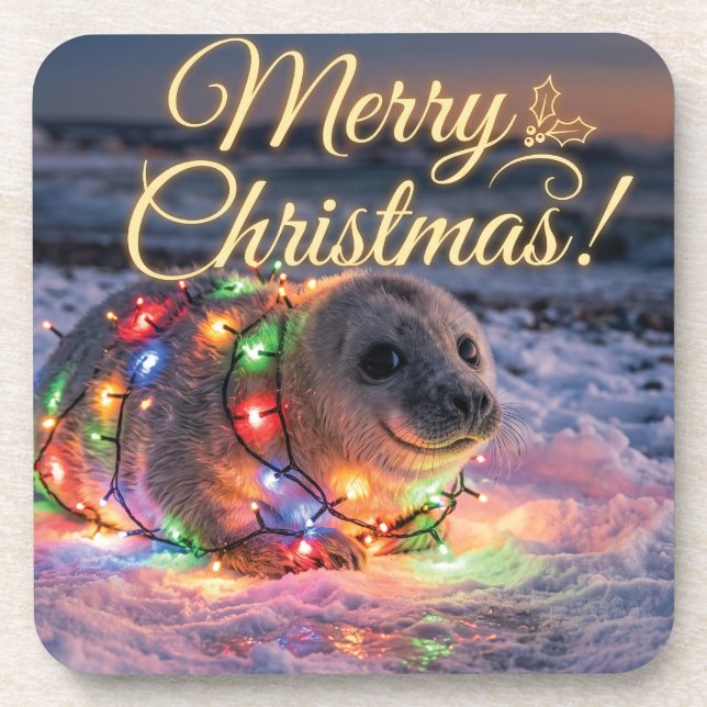 Porta-copo Foca Bebê Fofa Envolta em Luzes de Natal  (Frente)