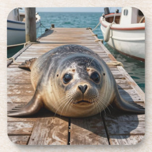 Porta-copo Foca Fofo Deitada no Pier do Porto de Barcos no Oc