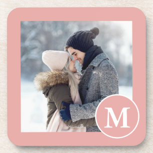 Porta-copo Foto do Monograma Branco e Cor-de-rosa-chic