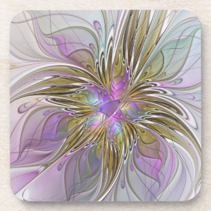 Porta-copo Fractal Abstrato Colorida Floral, Rosa E Dourada