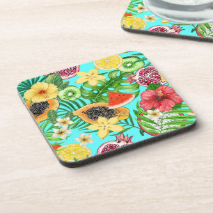 Porta-copo Frutas tropicais, flores e folhas em azul