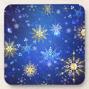Porta-copo Fundo Azul XMAS com Flocos de Neve Ouro