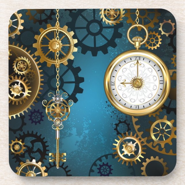 Porta-copo Fundo de turquesa Steampun com engrenagens (Frente)