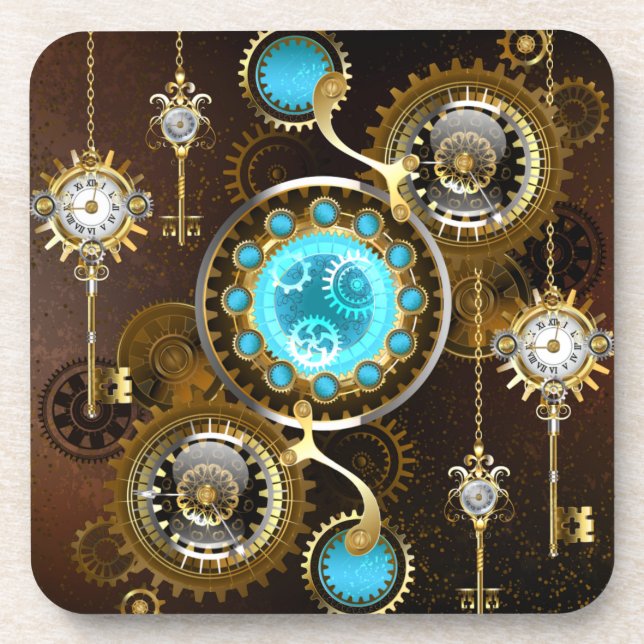 Porta-copo Fundo Rusty Steampunk com Lentes Turquesa (Frente)