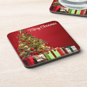Porta-copo Fundo Vermelho com Árvore de Natal Decorativa
