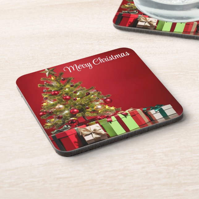 Porta-copo Fundo Vermelho com Árvore de Natal Decorativa (Left Side)