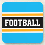 Porta-copo FUTEBOL Céu Atlítico Azul Tiras Amarelas Amarelas<br><div class="desc">Este design desportivo,  colorido,  apresenta o dentro de texto FOTBALL atlético,  uma faixa preta larga realçada com pinstripes brancas e amarelas contra riscas externas azuis brilhantes. O texto e as cores neste design podem ser personalizados.</div>