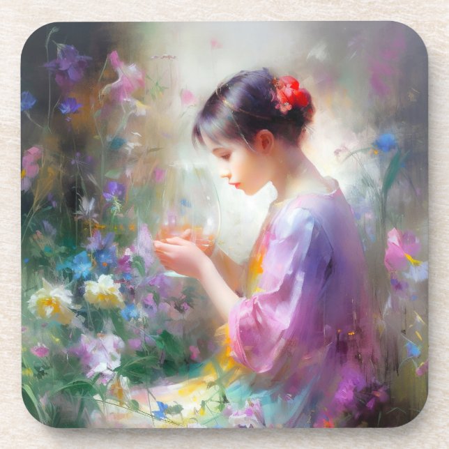 Porta-copo Garota admirando uma flor em suas mãos (Frente)