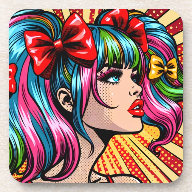 Porta-copo Garota de Quadrinhos de Arte Pop Bonita com Laços (Frente)