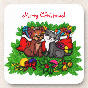 Porta-copo Gatinho e filhote de cachorro, XMas feliz