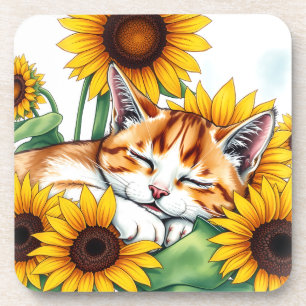 Porta-copo Gatinho Fofo Dormindo e Girassóis