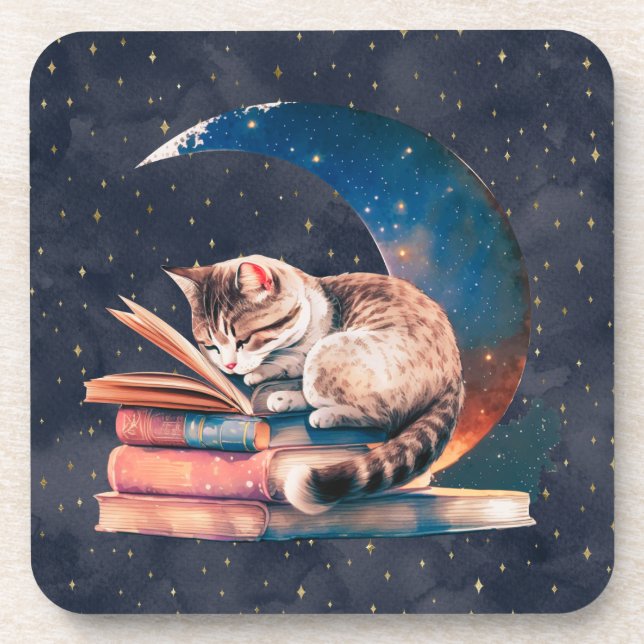 Porta-copo Gato Adorável na Lua Lendo Um Livro (Frente)