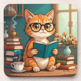 Porta-copo Gato Adorável Usando Óculos Lendo um Livro