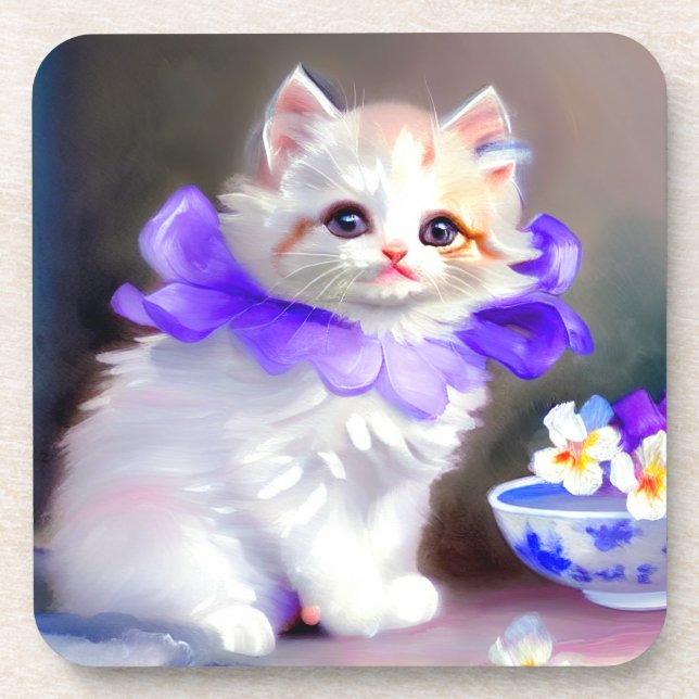 Porta-copo Gato branco com pintura de colarinho de flores rox (Frente)