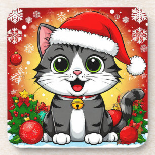 Porta-copo Gato de desenho animado com chapéu de Papai Noel e