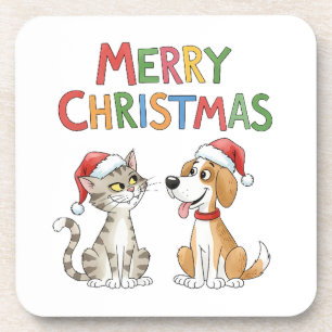 Porta-copo Gato de Natal e Cachorro Bonitos com Chapéus Santa