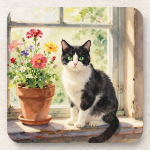 Porta-copo Gato em aquarela e flores no parapeito da janela