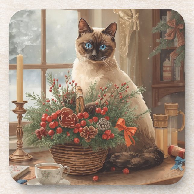 Porta-copo Gato está arranjando Flores de Natal (Frente)