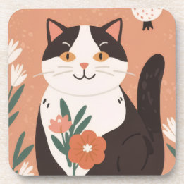 Porta-copo Gato Feliz e Fofo com Flores de Primavera 