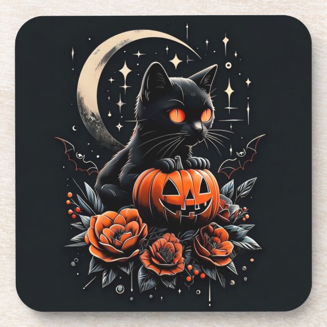 Porta-copo Gato Negro, Lua e Abóbora do Halloween (Frente)