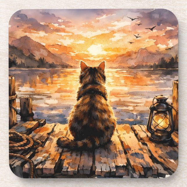 Porta-copo Gato no Cais ao Pôr do Sol (Frente)