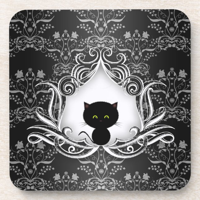 Porta-copo Gato preto bonito em Damasco (Frente)