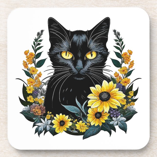 Porta-copo gato preto com flores (Frente)