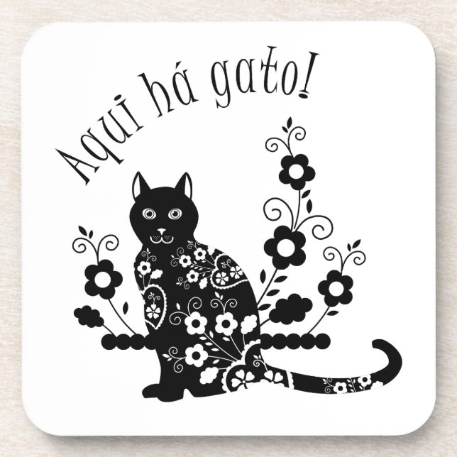 Porta-copo Gato preto com flores e expressão portuguesa (Frente)