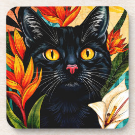 Porta-copo Gato Preto Rodeado de Flores