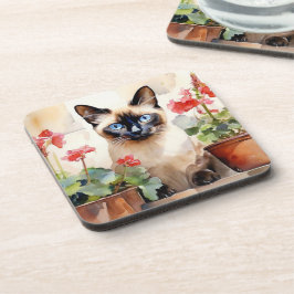 Porta-copo Gato Siameso Gerânios Vermelhos Flores Aquarela Bo