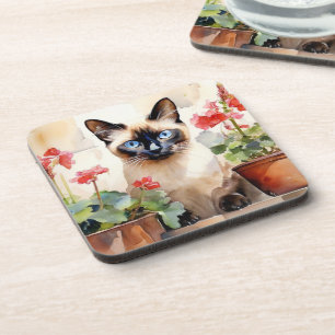 Porta-copo Gato Siameso Gerânios Vermelhos Flores Aquarela Bo